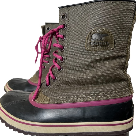 SOREL BOOTS Premium waterproof Winter Snow Olive Fuchsia purple size 8.5 EUC - Picture 3 of 11
